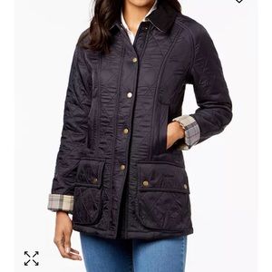 Barbour Beadnell Polarquilt Plaid-Trim Utility Coat size 6 Navy Blue